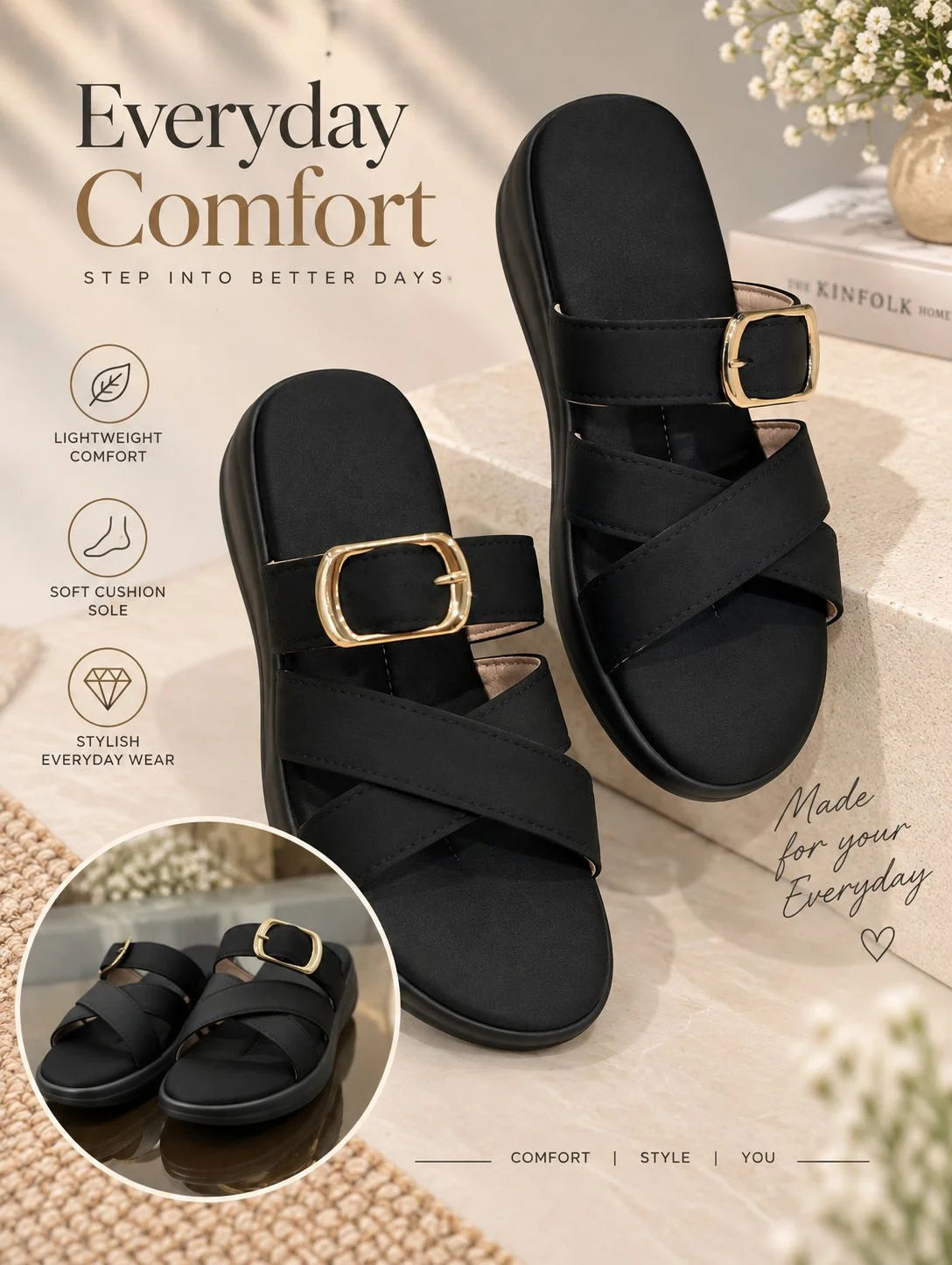 Stylish Gold Buckle Cross-Strap Sandals
