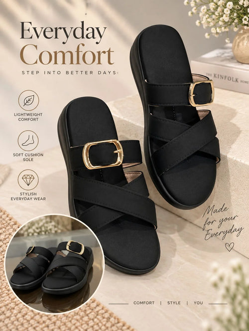 Stylish Gold Buckle Cross-Strap Sandals