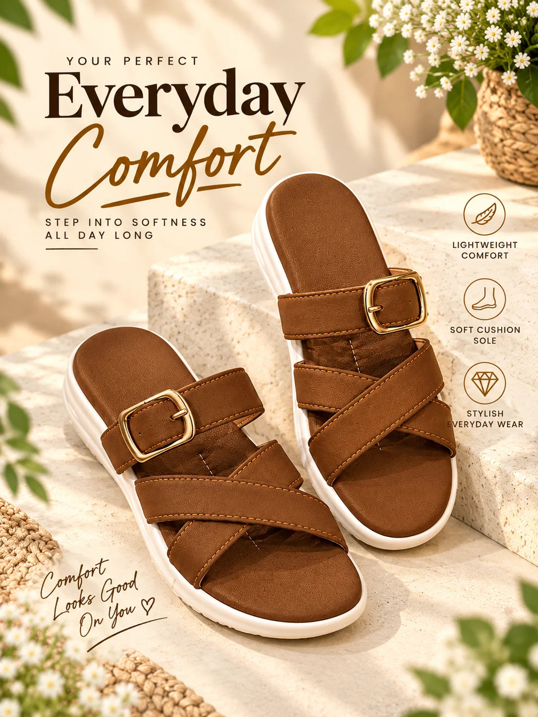 Stylish Gold Buckle Cross-Strap Sandals