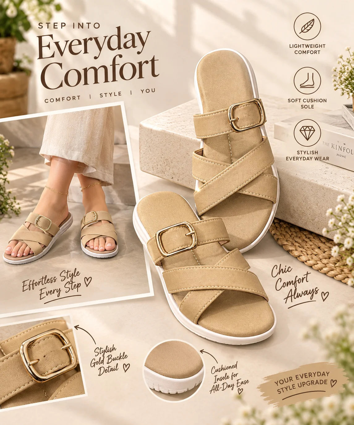 Stylish Gold Buckle Cross-Strap Sandals