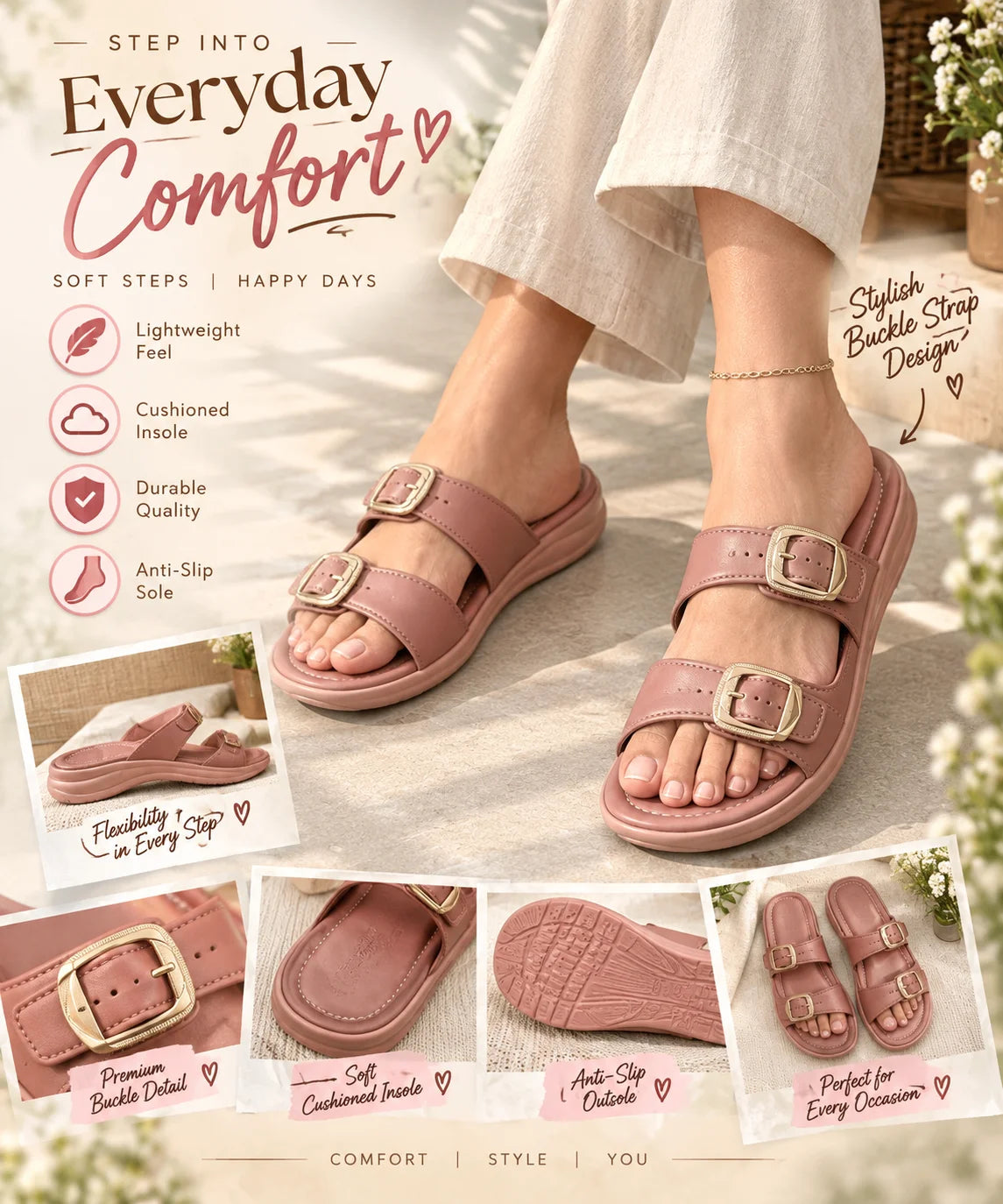 Blush Elegance Double Buckle Sandals