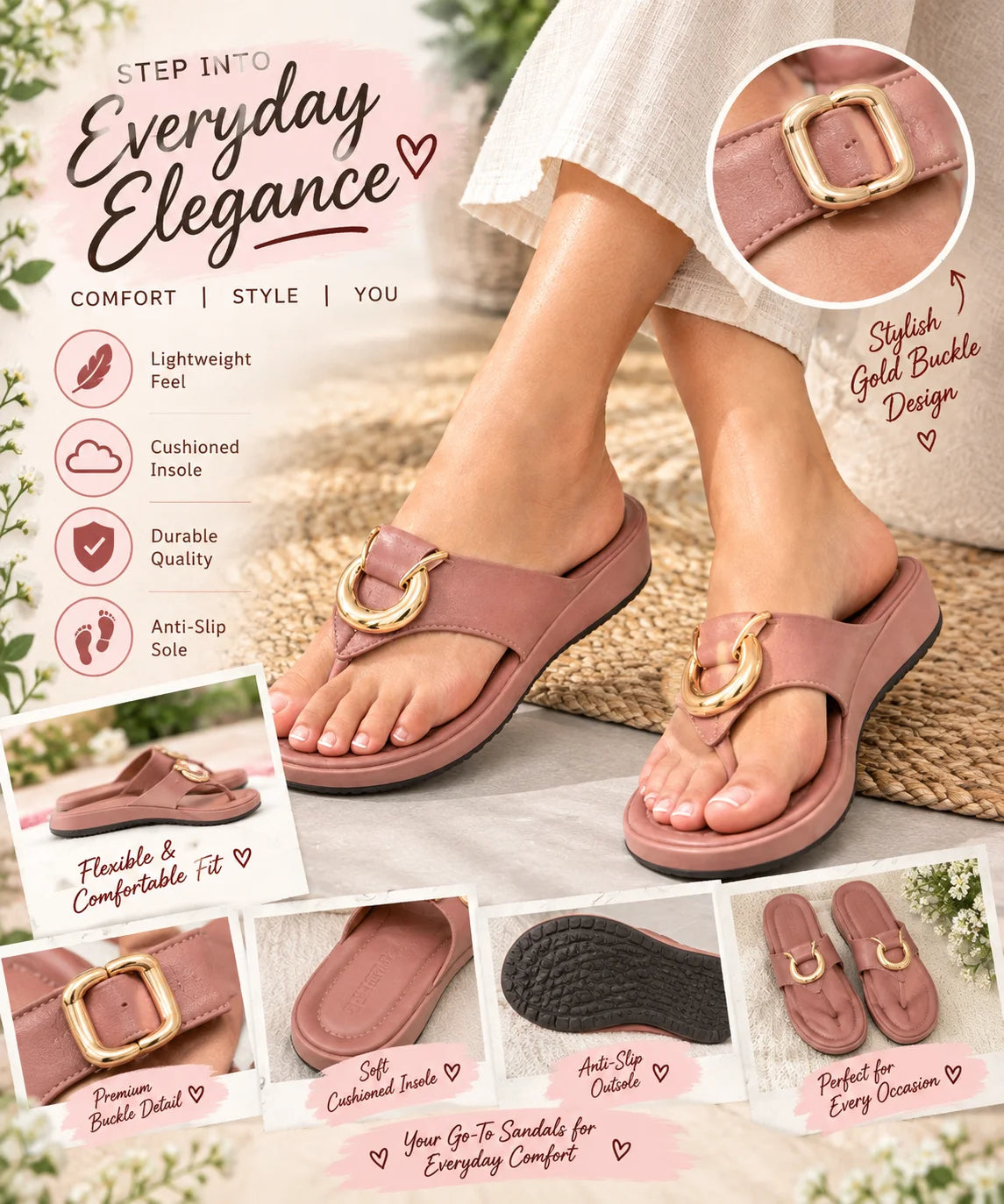 Elegant Gold Buckle Comfort Sandals – Premium Everyday Wear