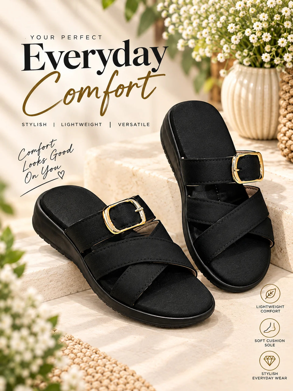 Stylish Gold Buckle Cross-Strap Sandals