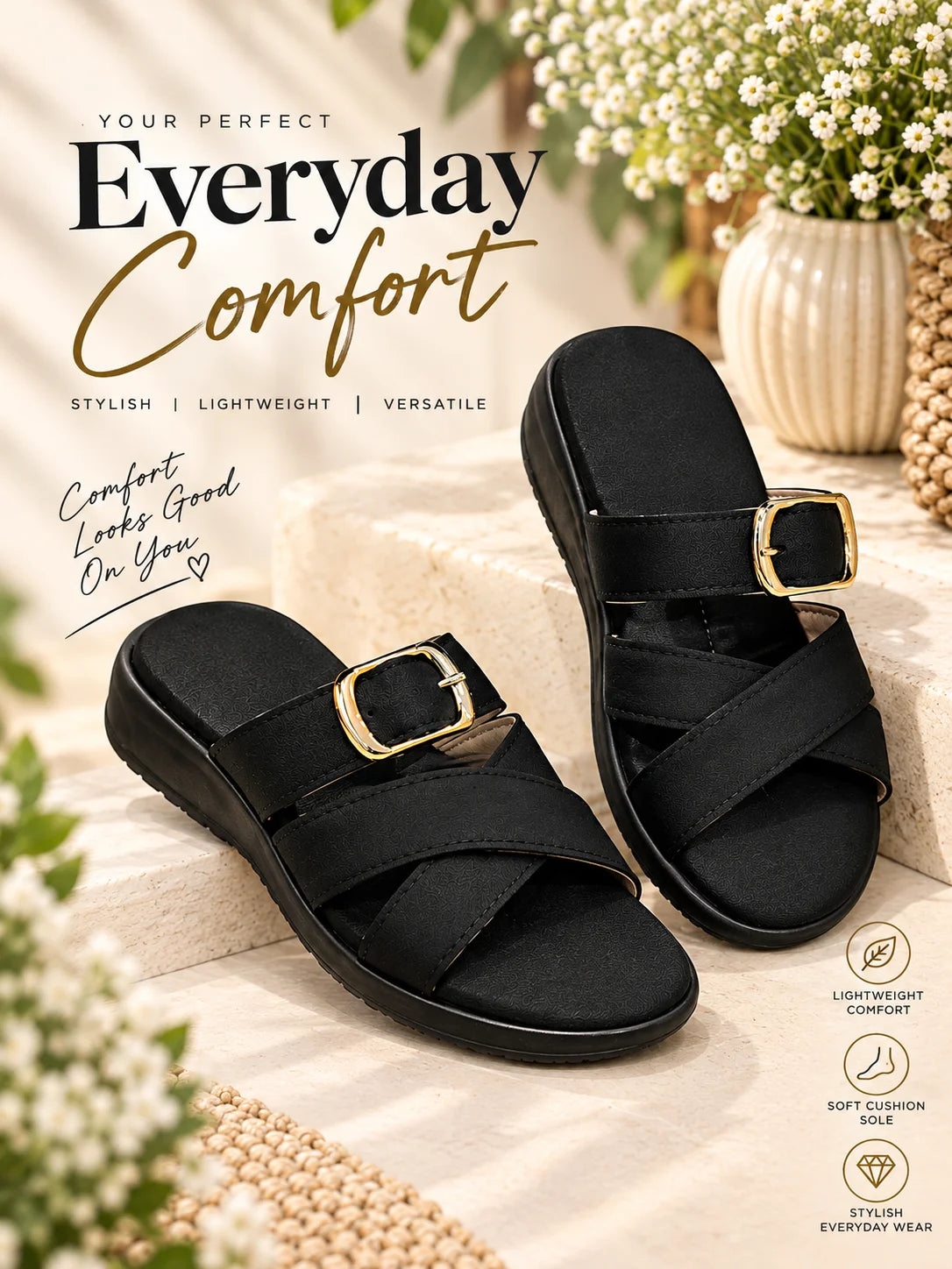 Stylish Gold Buckle Cross-Strap Sandals